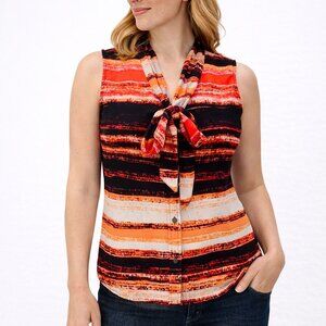 Calvin Klein Tie-Neck Sleeveless Blouse Button Top Red Black Stripe Size L